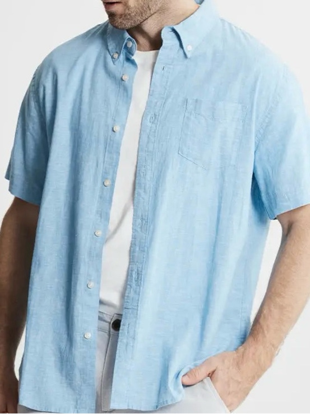 Men's Light Blue Short-Sleeve Linen Button-Down Shirt